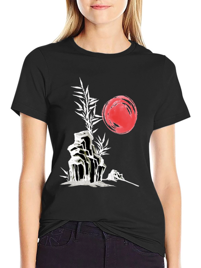Camiseta Negra: Jardín Zen Japonés con Sol Rojo