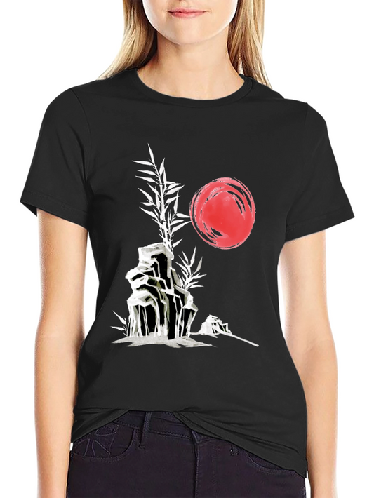 Camiseta Negra: Jardín Zen Japonés con Sol Rojo