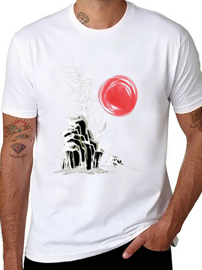 Camiseta Negra: Jardín Zen Japonés con Sol Rojo
