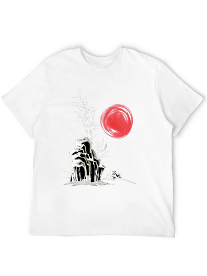 Camiseta Negra: Jardín Zen Japonés con Sol Rojo