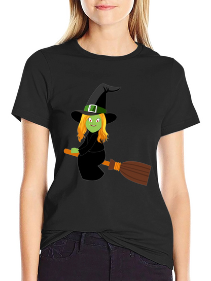 Camiseta Negra con Bruja en Escoba para Halloween