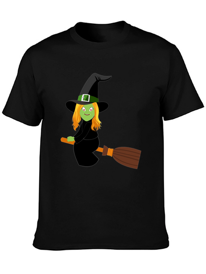 Camiseta Negra con Bruja en Escoba para Halloween