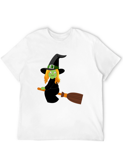 Camiseta Negra con Bruja en Escoba para Halloween