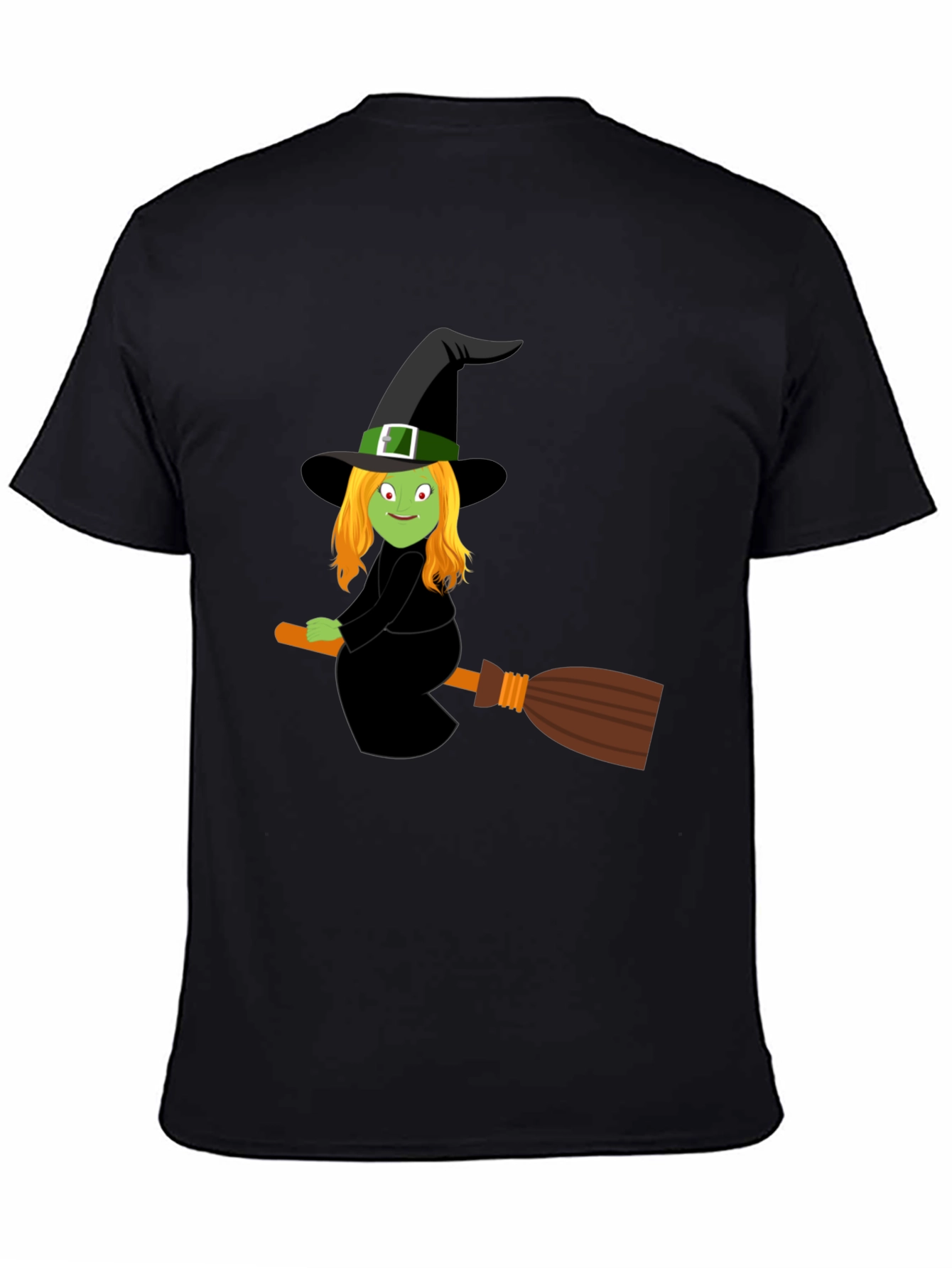 Camiseta Negra con Bruja en Escoba para Halloween