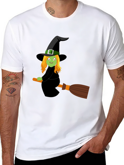Camiseta Negra con Bruja en Escoba para Halloween