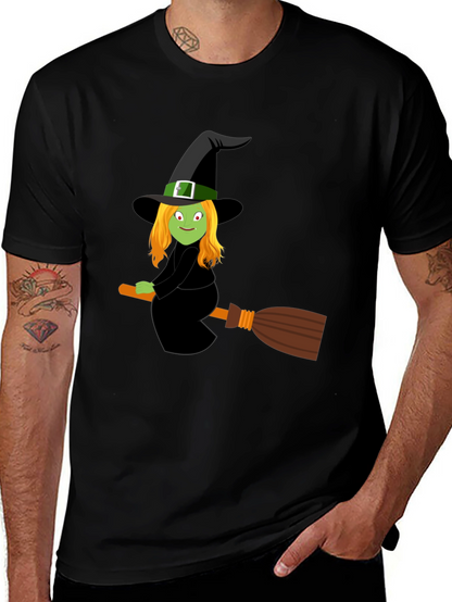 Camiseta Negra con Bruja en Escoba para Halloween