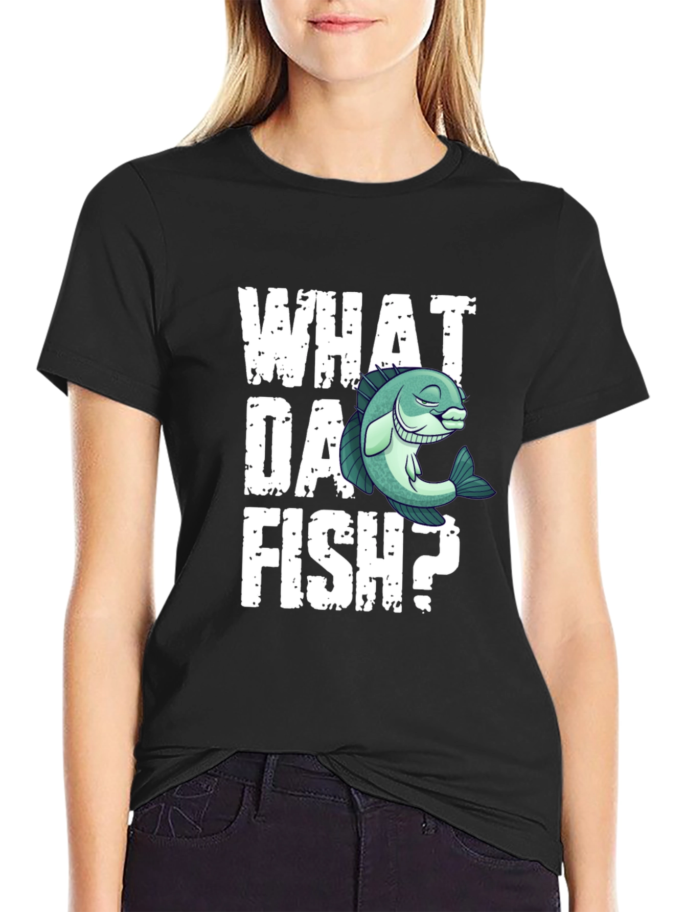 Camiseta Negra What Da Fish? Divertida