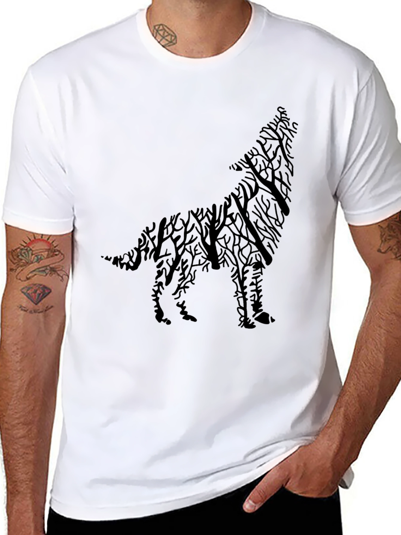 Camiseta Negra Hombre Lobo Árbol