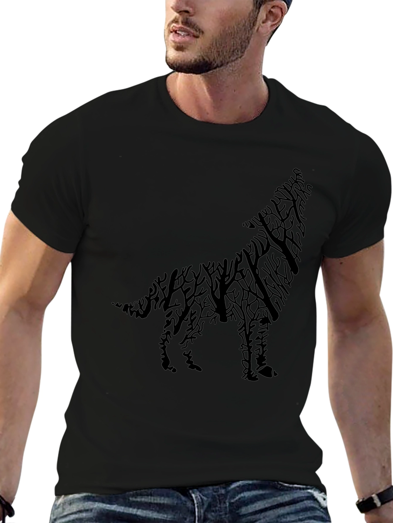 Camiseta Negra Hombre Lobo Árbol