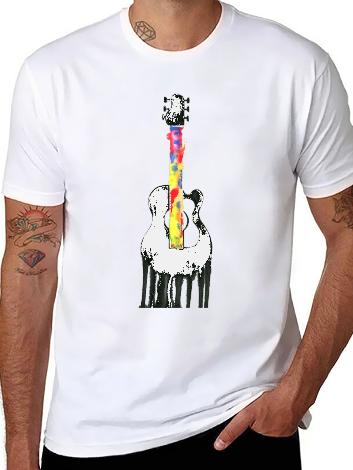Camiseta Negra con Diseño de Guitarra Acuarela