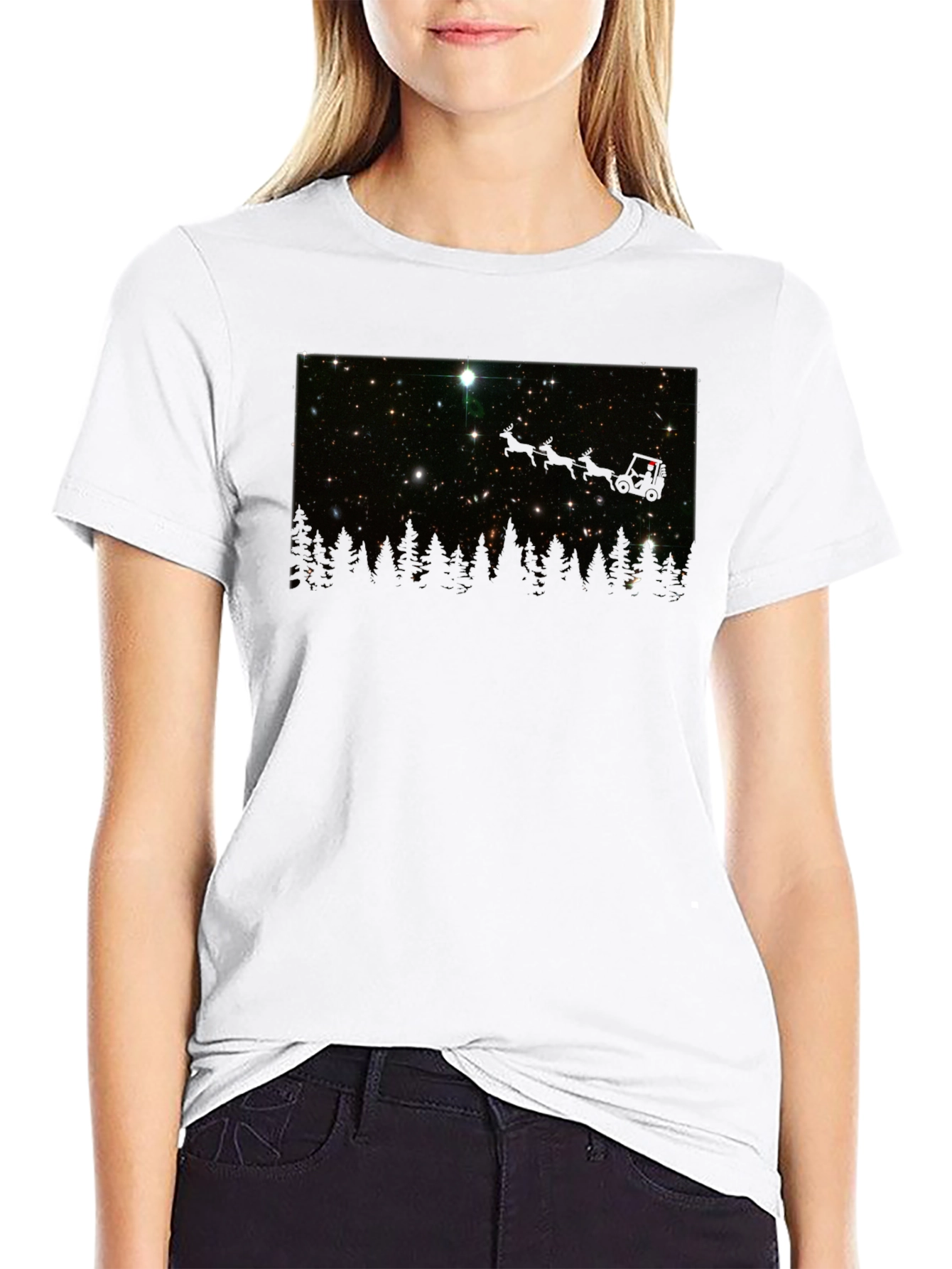 Camiseta Negra con Estrellas y Bosque Nocturno