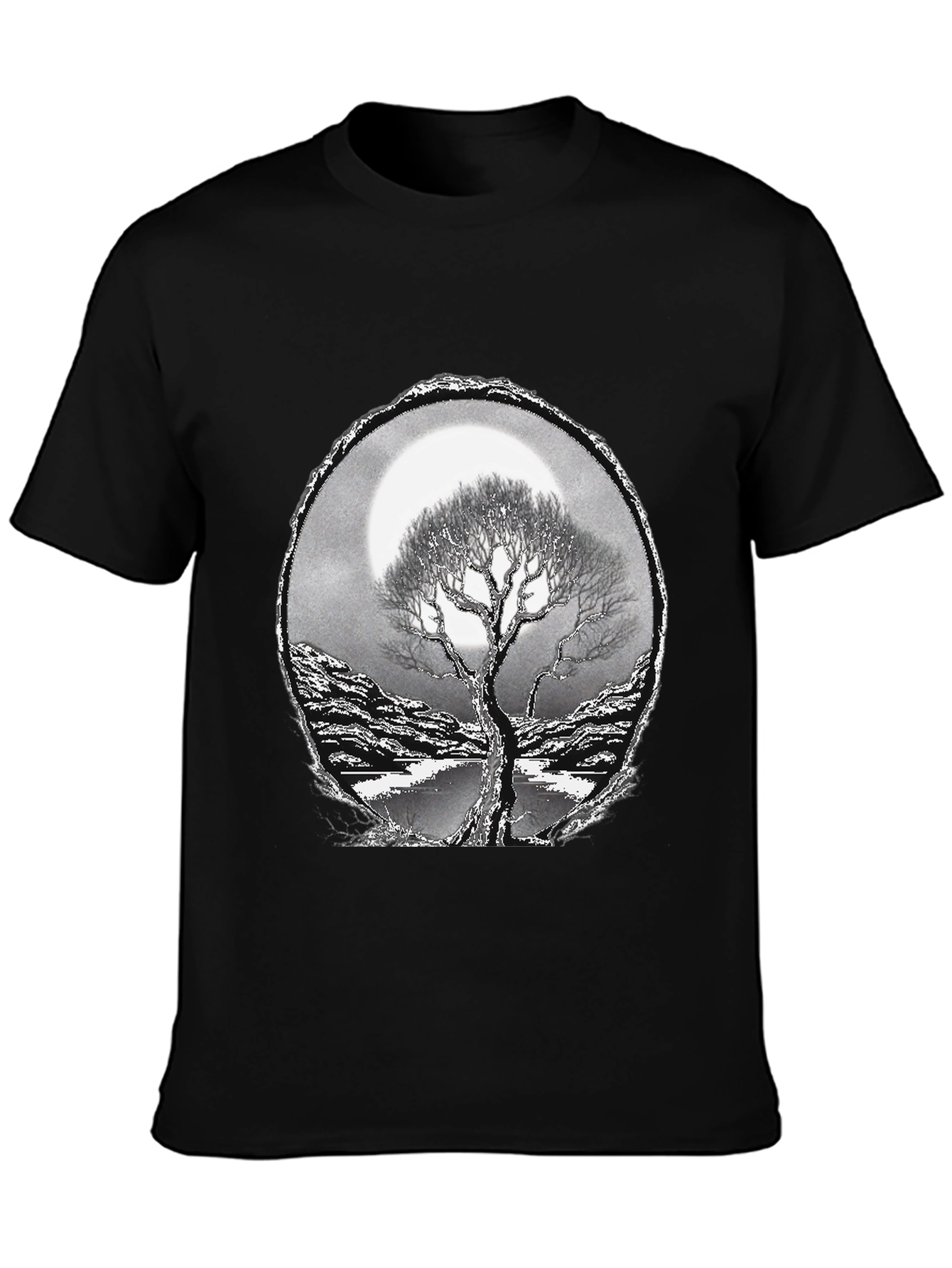 Camiseta Negra con Diseño de Árbol y Luna