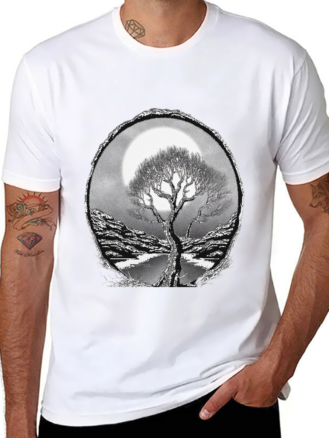 Camiseta Negra con Diseño de Árbol y Luna