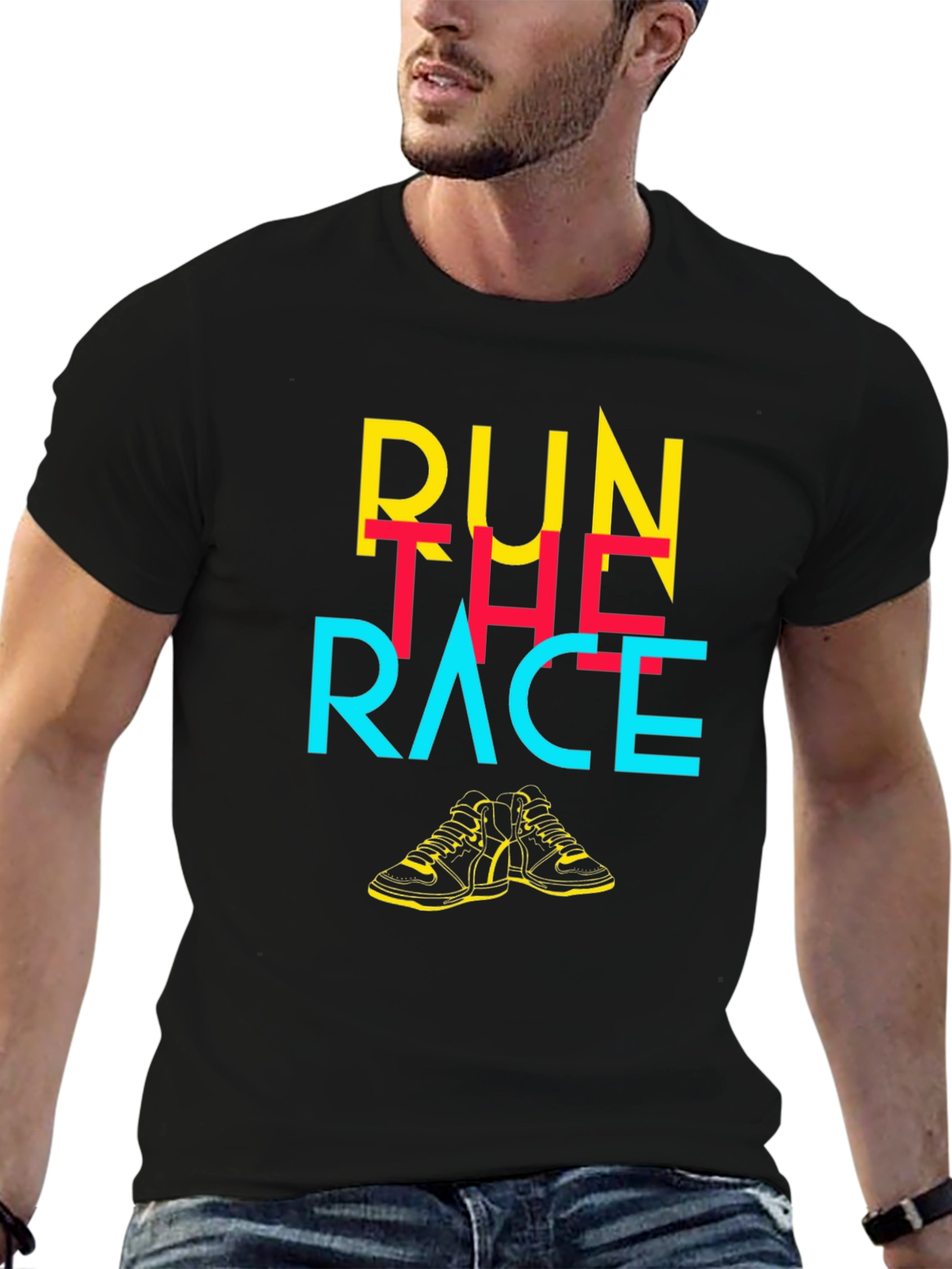 Camiseta Negra con Diseño Gráfico Run The Race