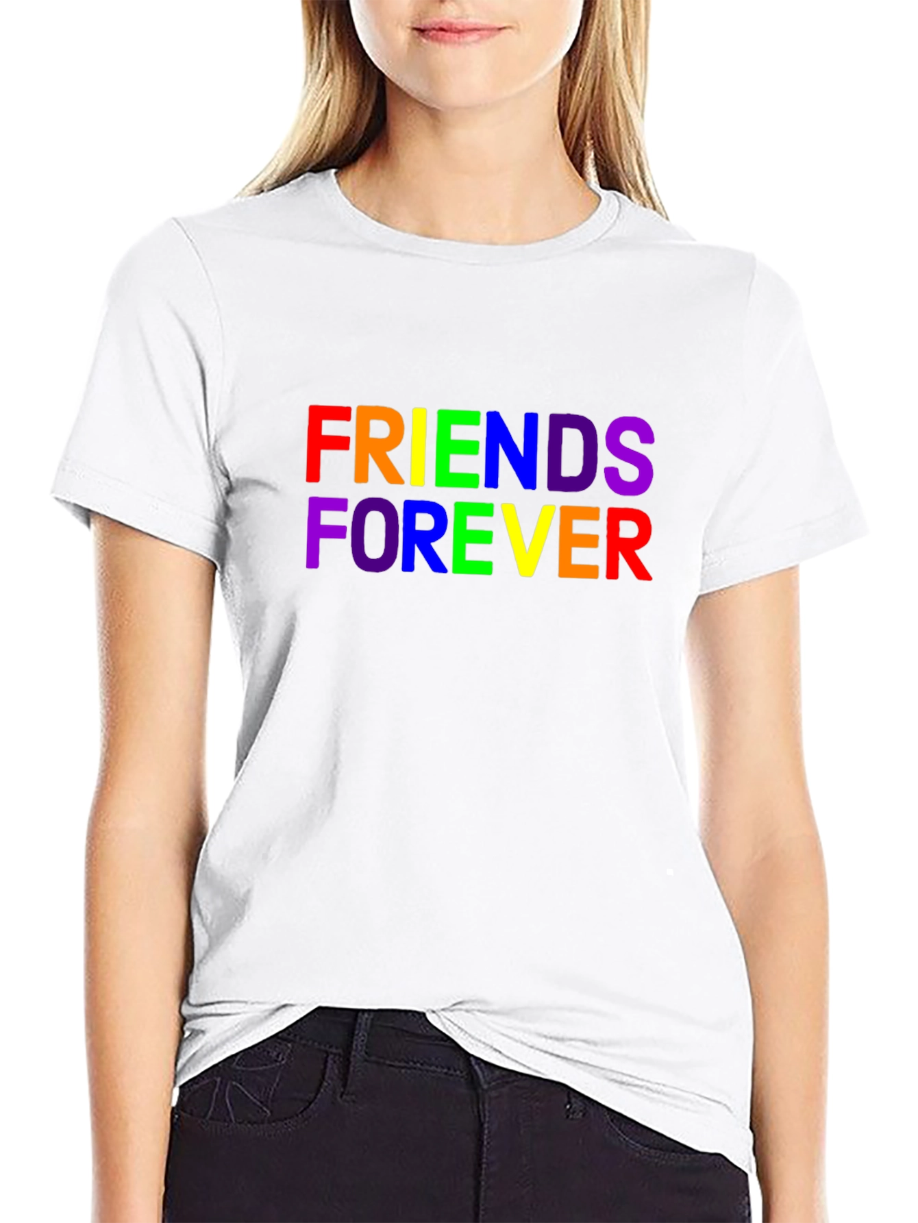 Camiseta Negra Unisex Friends Forever con Estampado Arcoíris