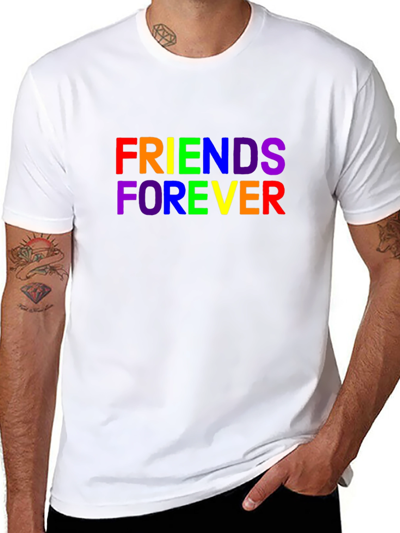 Camiseta Negra Unisex Friends Forever con Estampado Arcoíris