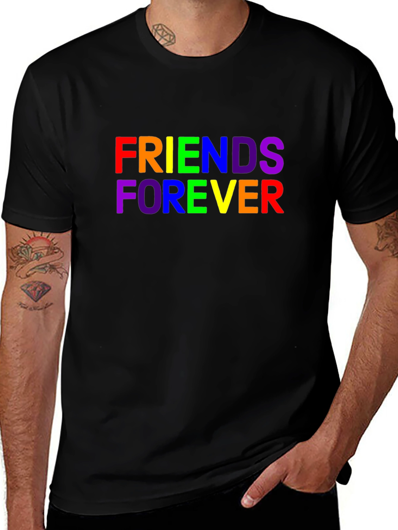 Camiseta Negra Unisex Friends Forever con Estampado Arcoíris