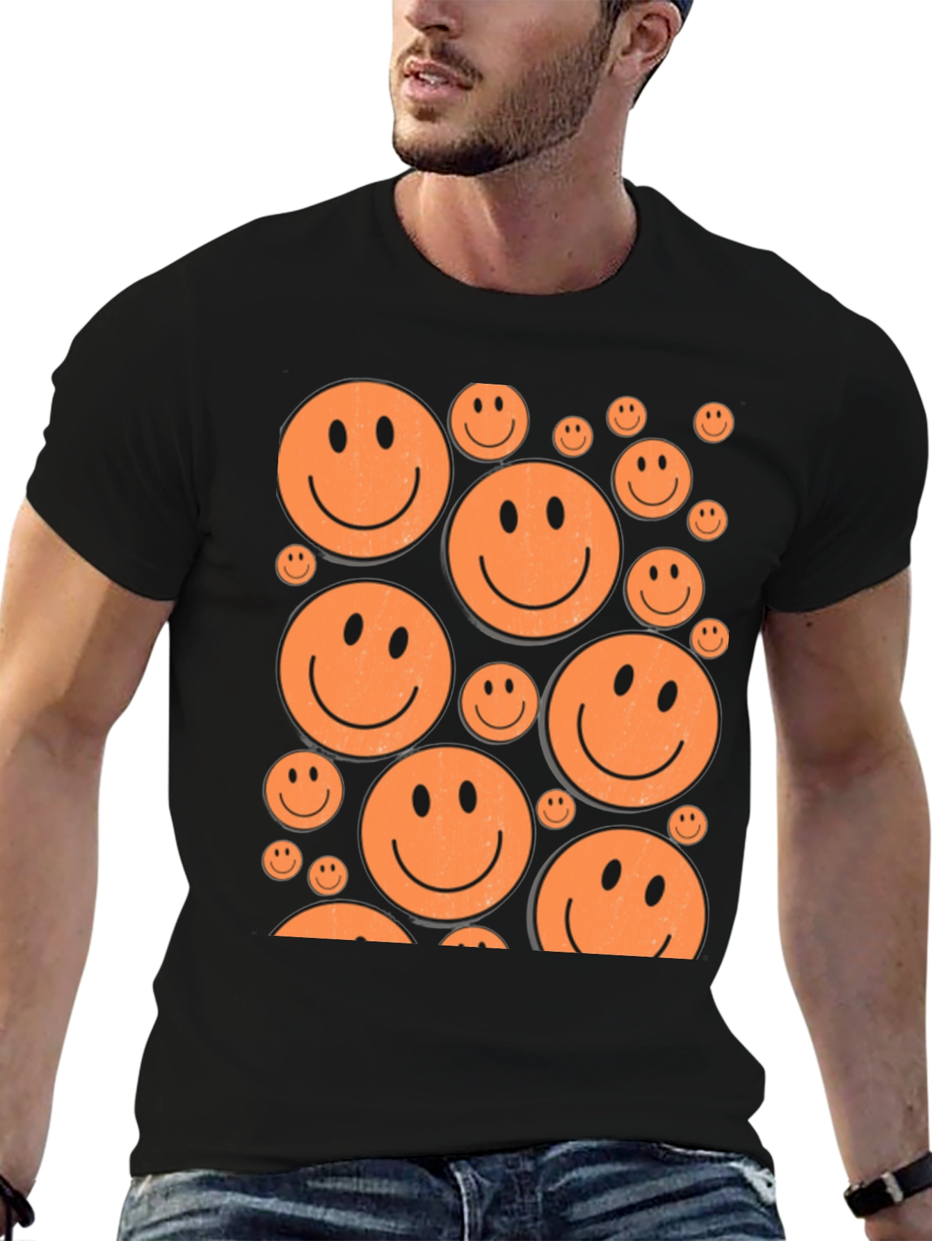 Camiseta Negra con Caritas Sonrientes Naranjas