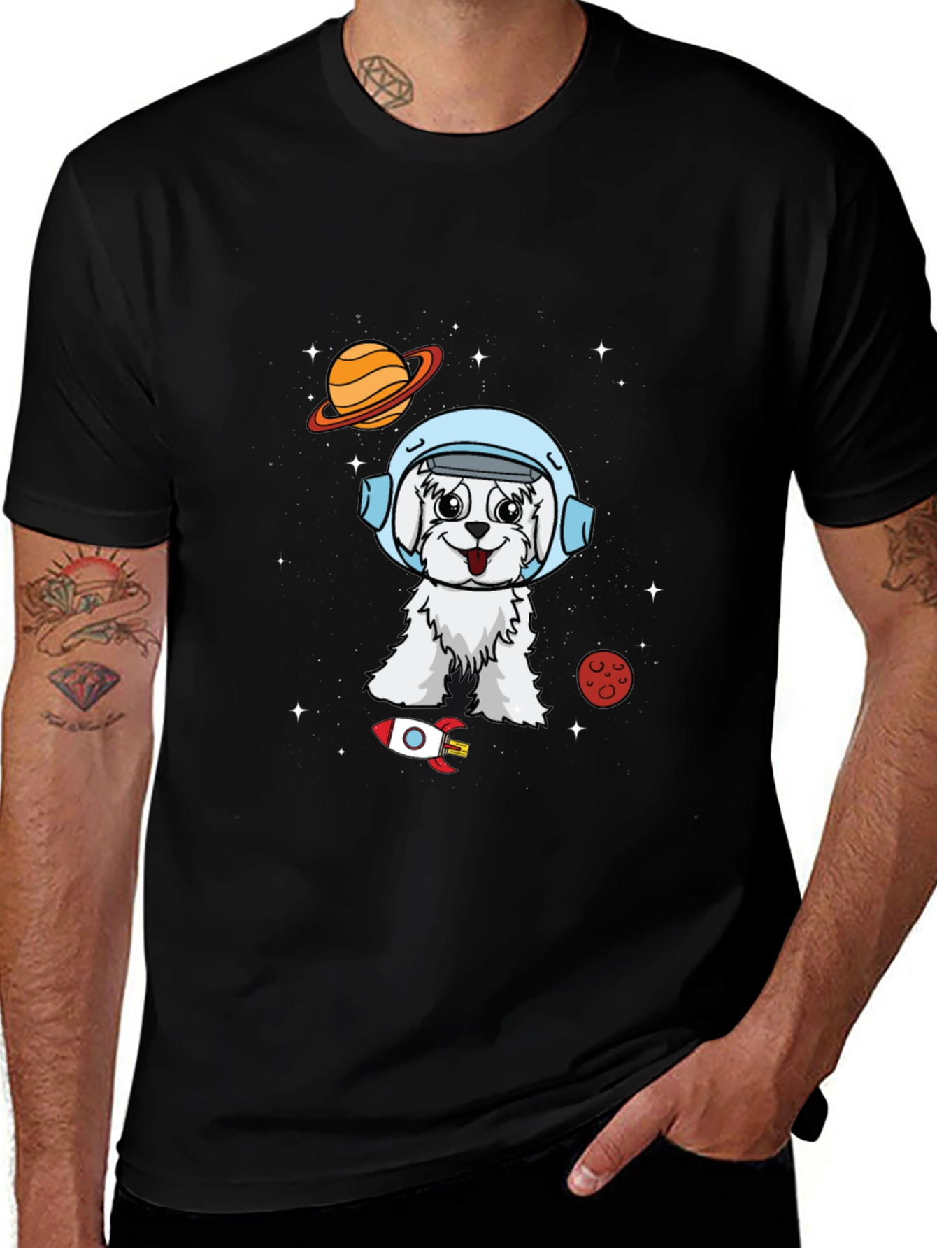 Camiseta Negra con Diseño de Perro Astronauta