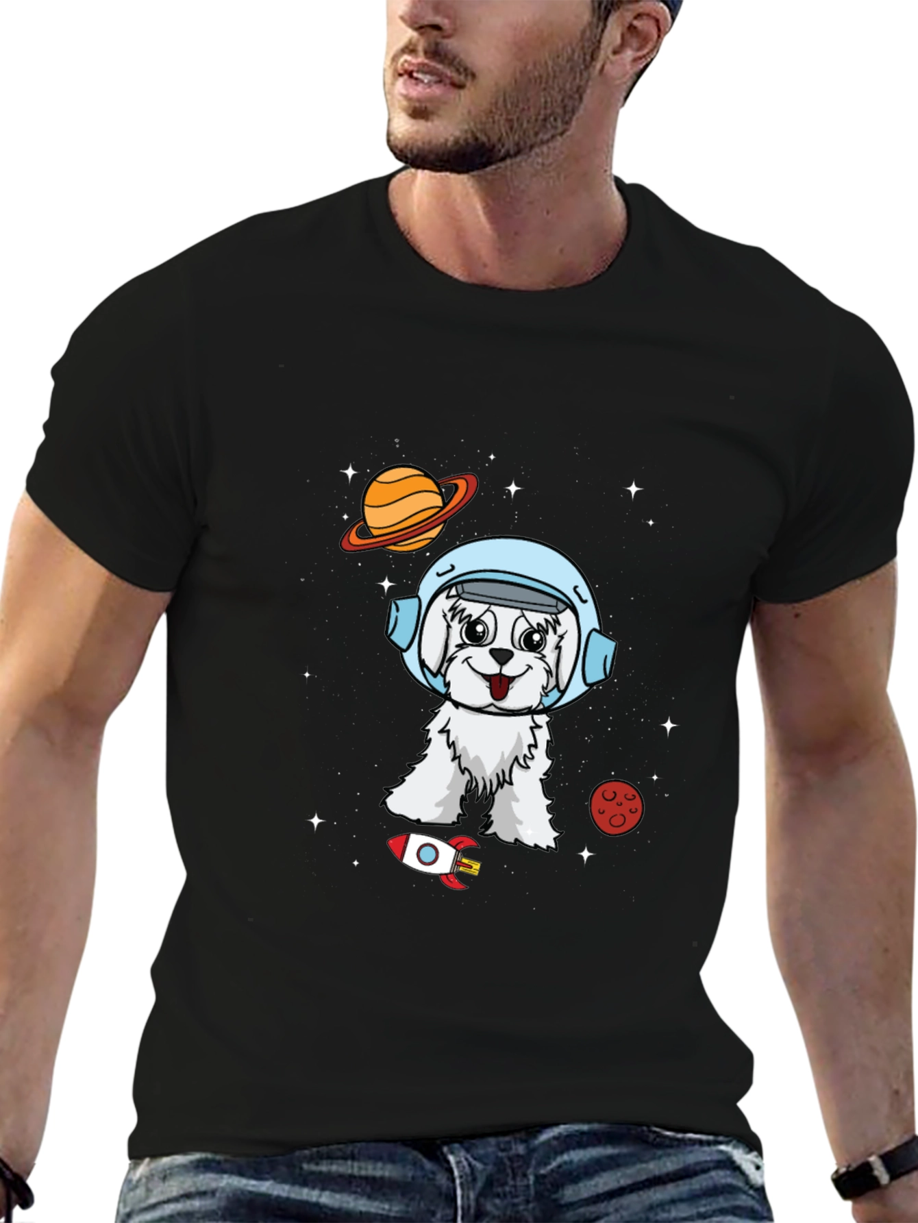 Camiseta Negra con Diseño de Perro Astronauta