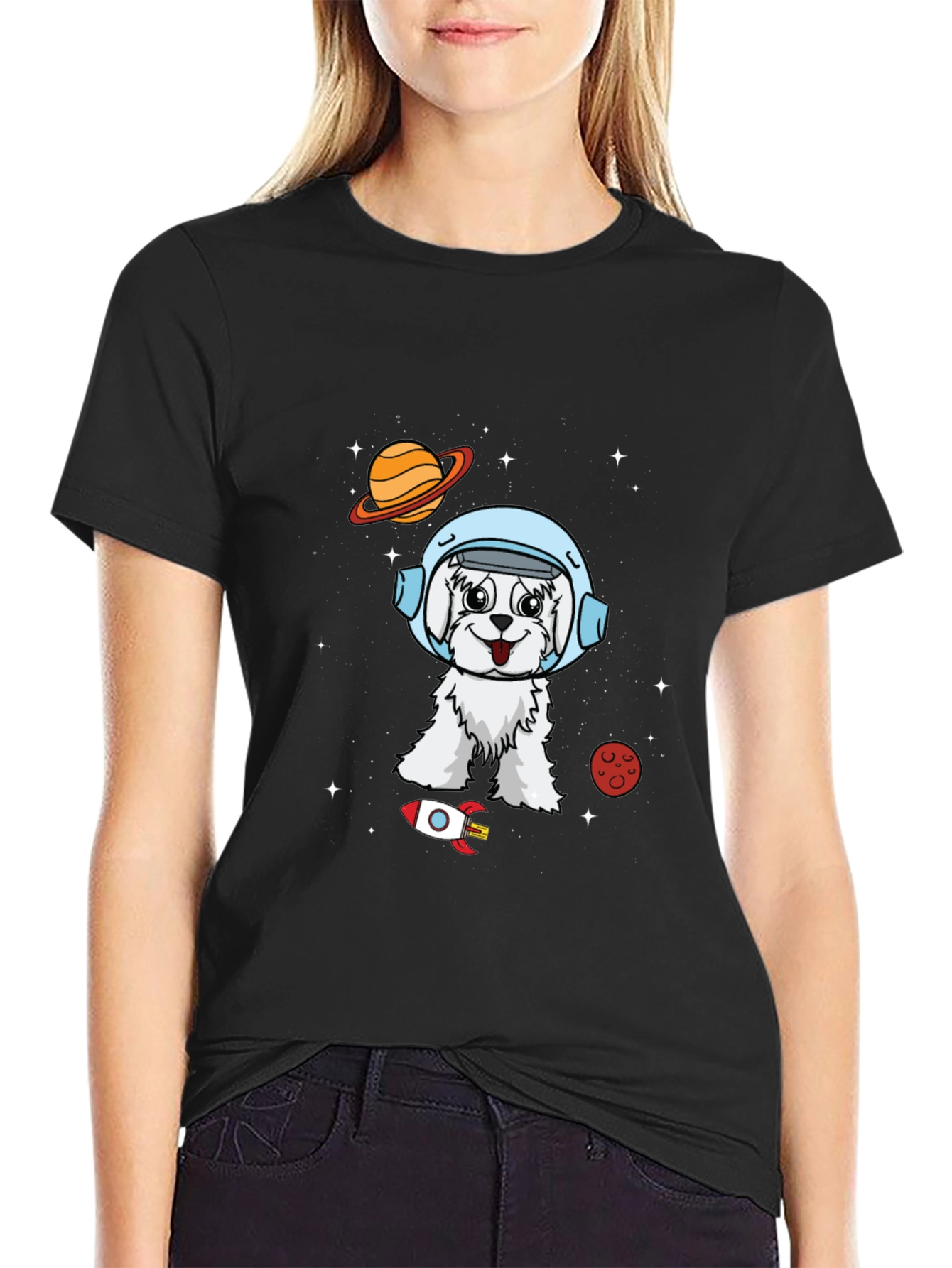 Camiseta Negra con Diseño de Perro Astronauta
