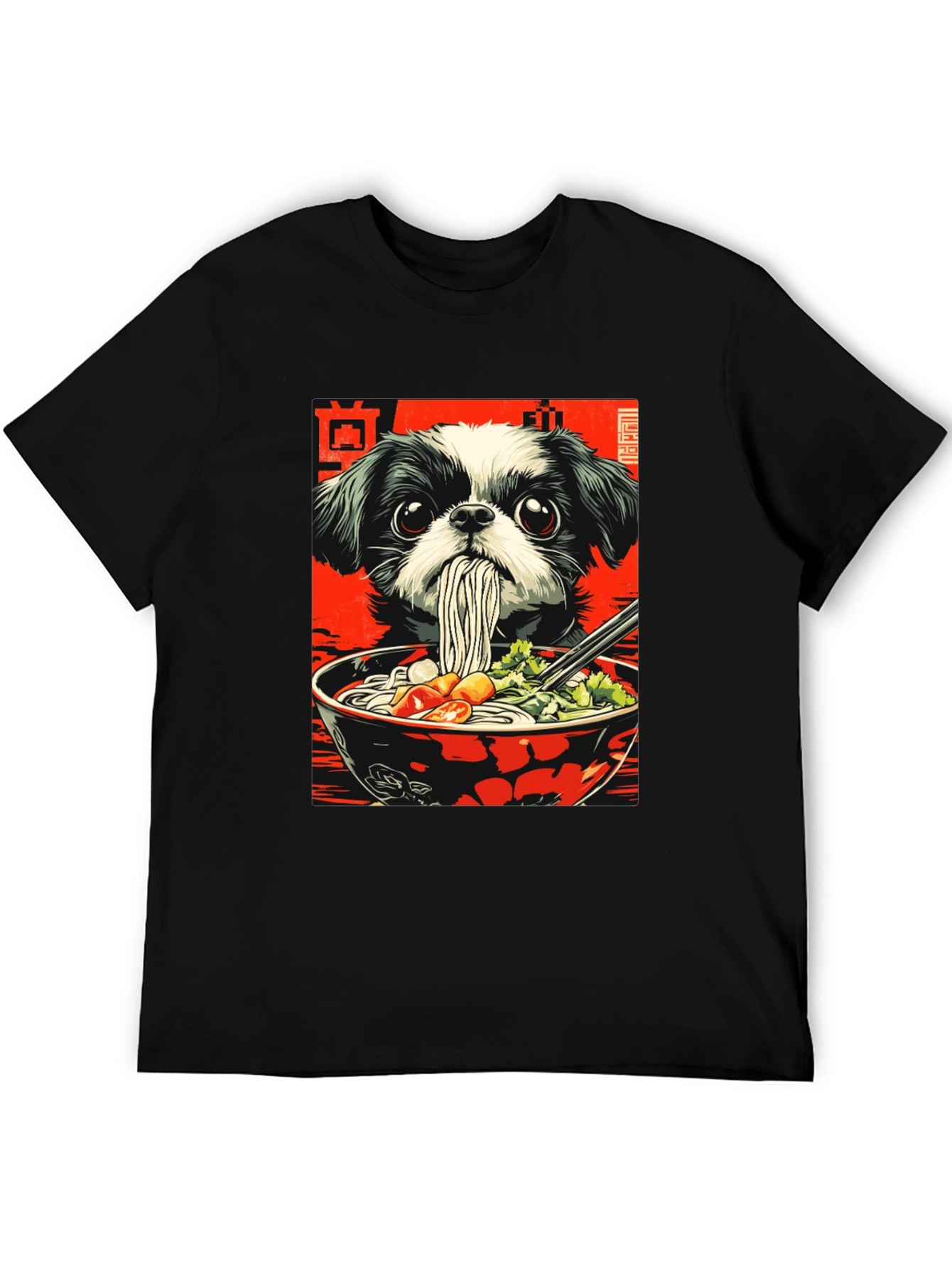 Camiseta Negra con Diseño de Perro y Ramen