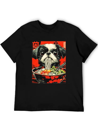 Camiseta Negra con Diseño de Perro y Ramen
