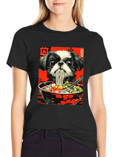 Camiseta Negra con Diseño de Perro y Ramen