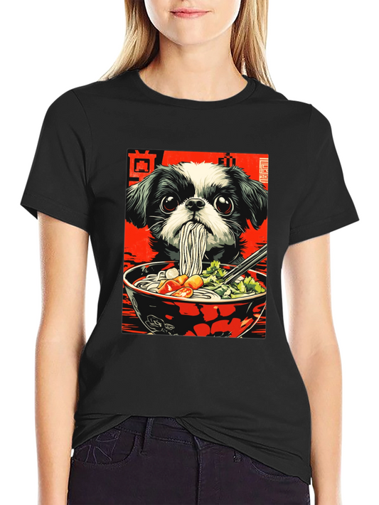 Camiseta Negra con Diseño de Perro y Ramen