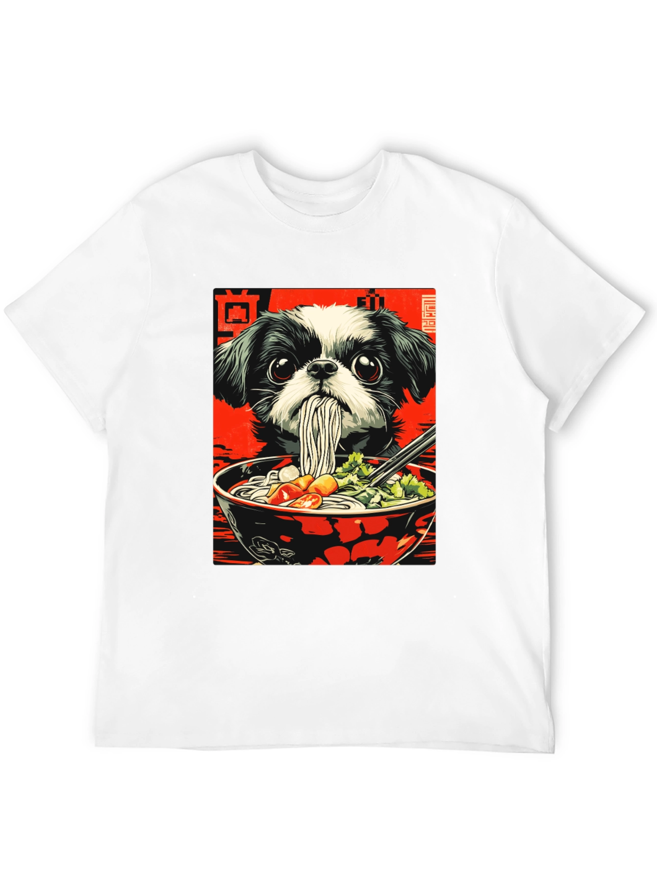 Camiseta Negra con Diseño de Perro y Ramen