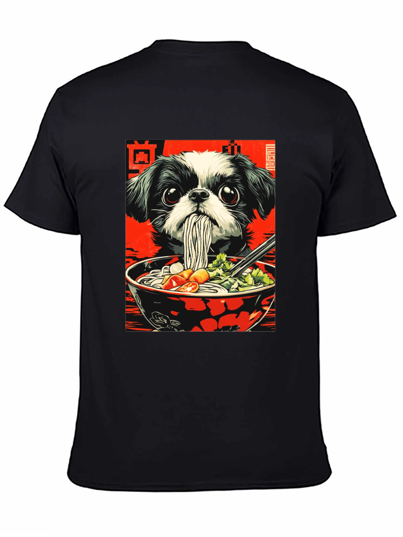 Camiseta Negra con Diseño de Perro y Ramen