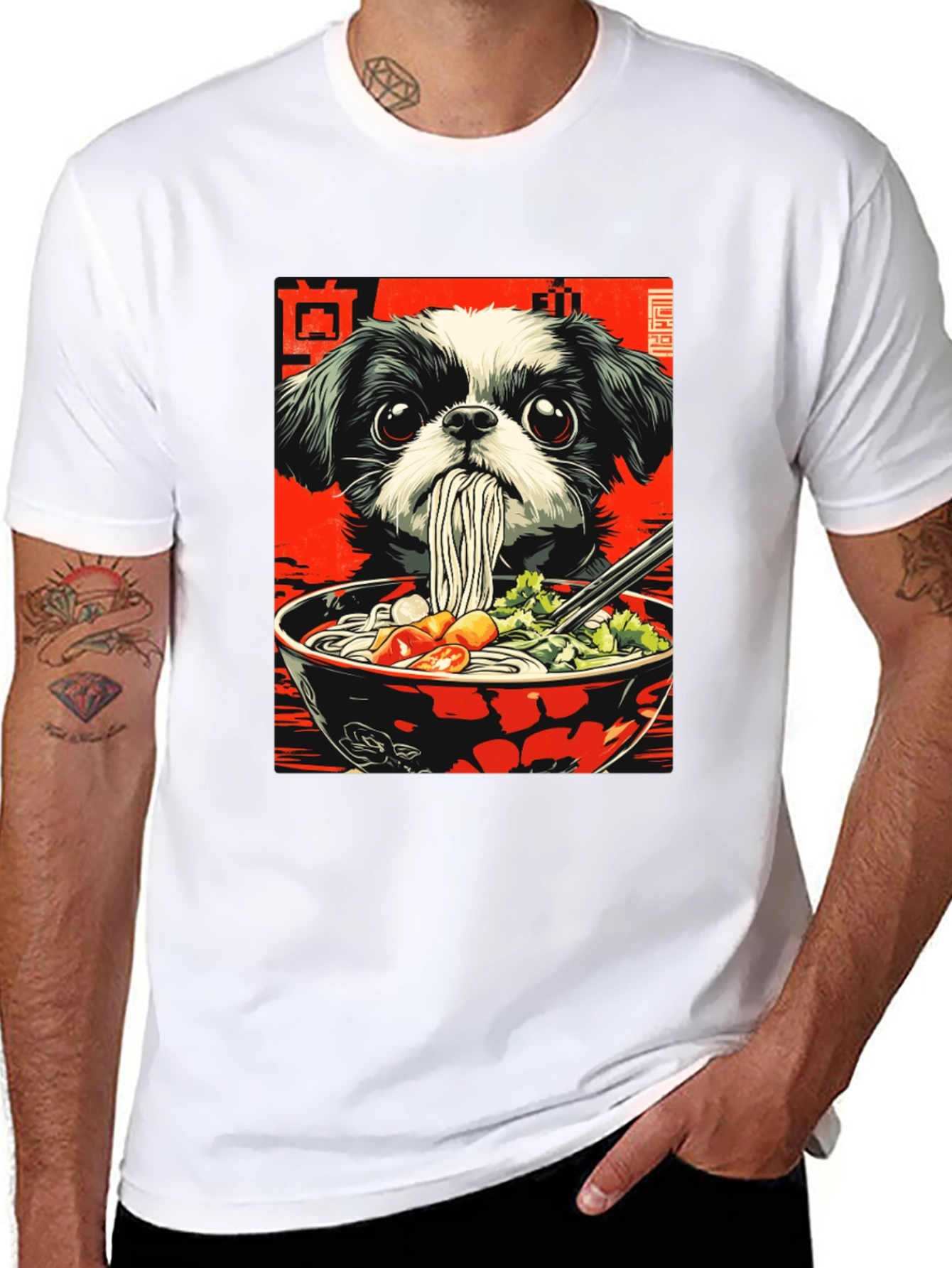 Camiseta Negra con Diseño de Perro y Ramen