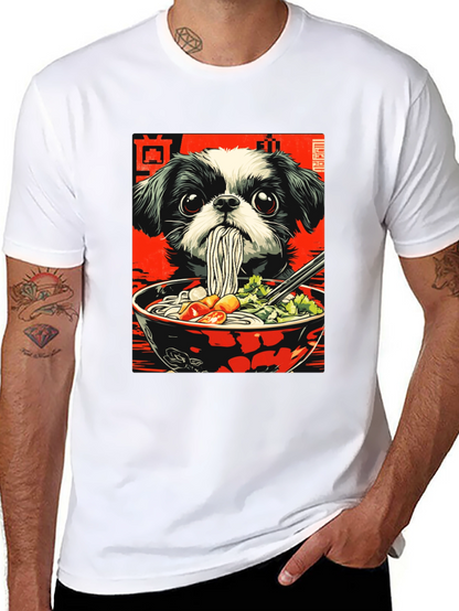 Camiseta Negra con Diseño de Perro y Ramen