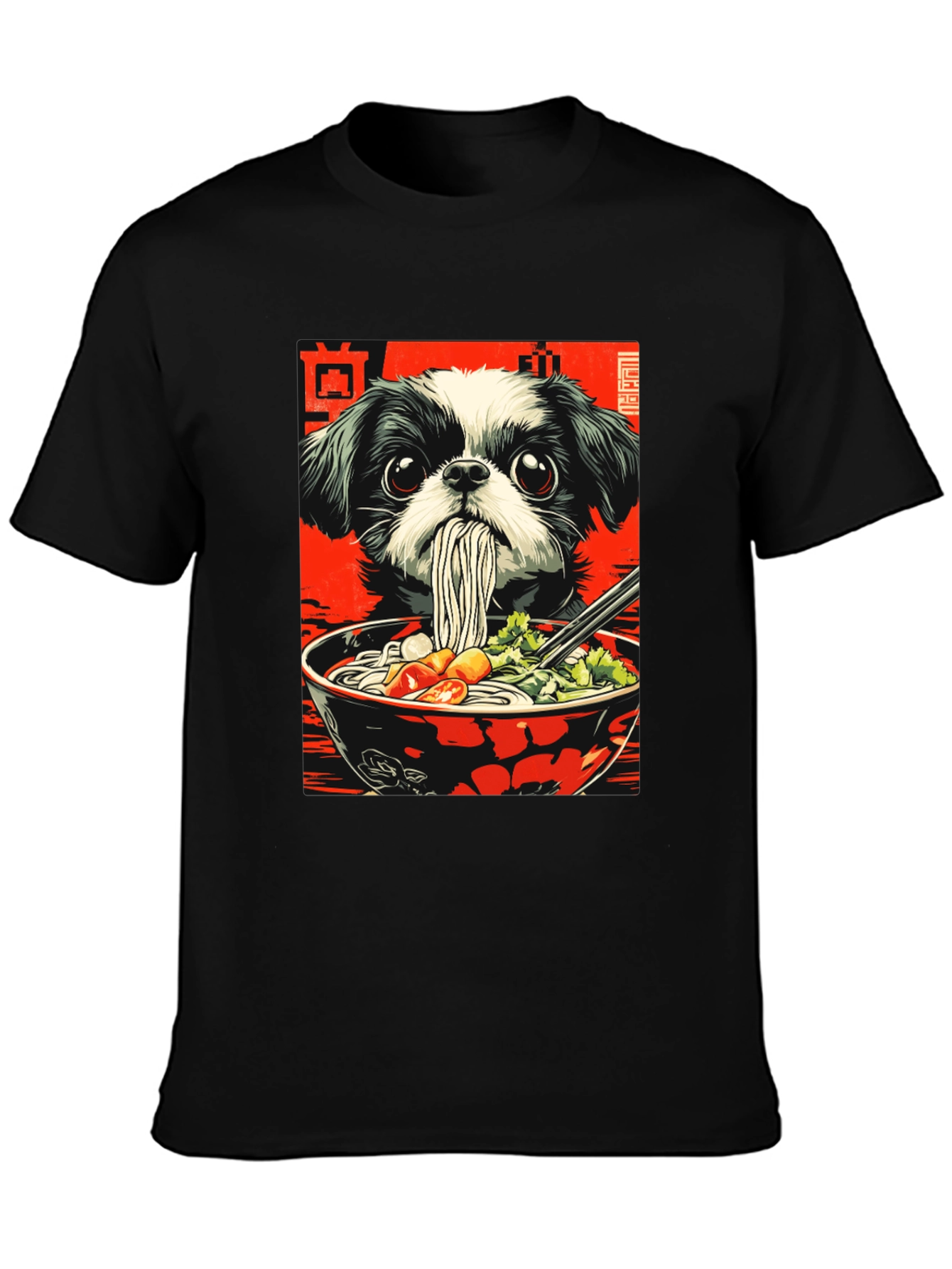 Camiseta Negra con Diseño de Perro y Ramen