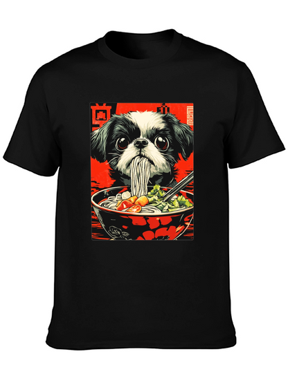 Camiseta Negra con Diseño de Perro y Ramen
