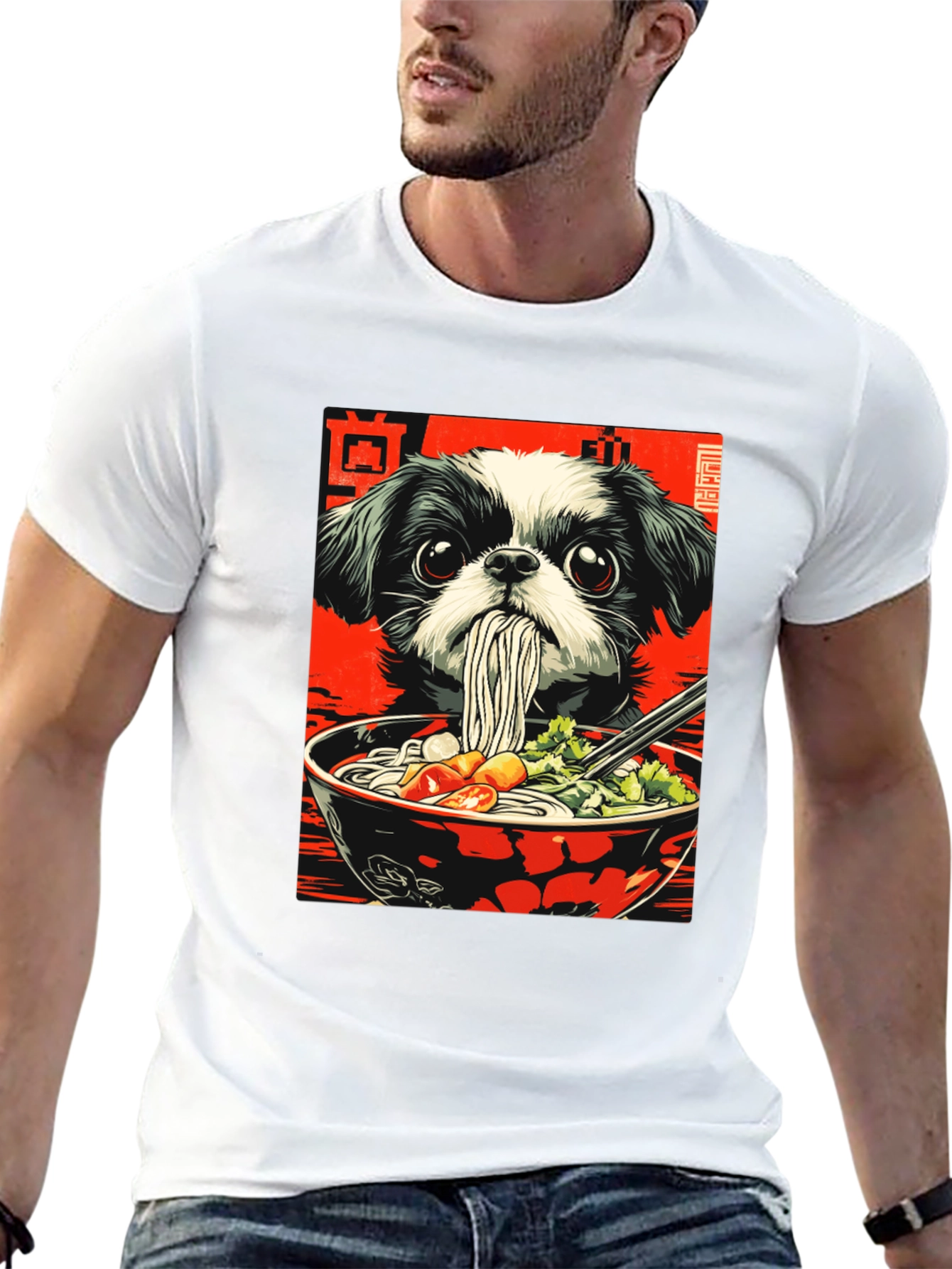 Camiseta Negra con Diseño de Perro y Ramen