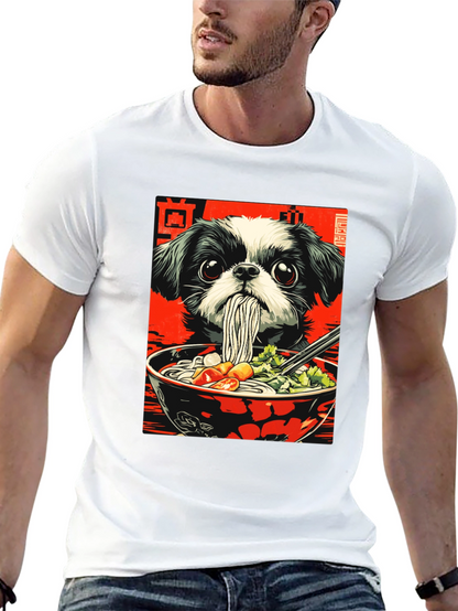 Camiseta Negra con Diseño de Perro y Ramen