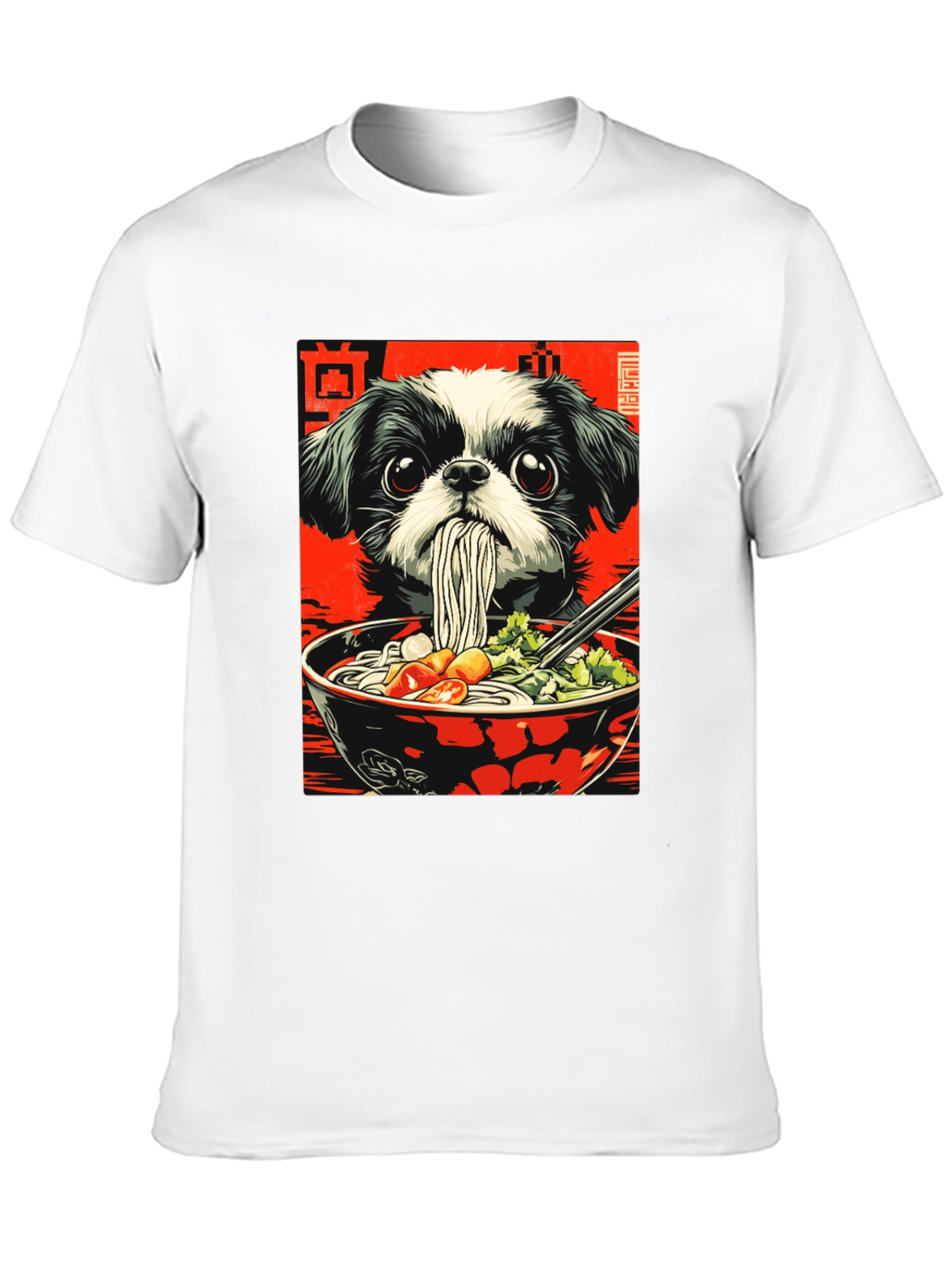 Camiseta Negra con Diseño de Perro y Ramen