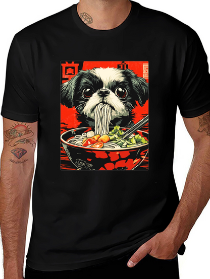 Camiseta Negra con Diseño de Perro y Ramen