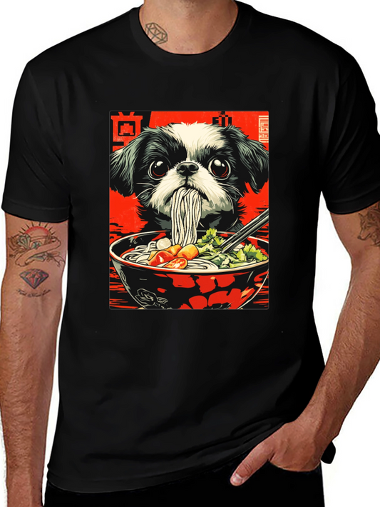 Camiseta Negra con Diseño de Perro y Ramen
