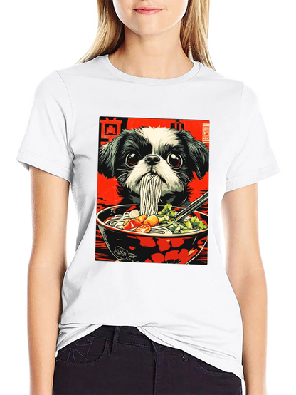 Camiseta Negra con Diseño de Perro y Ramen