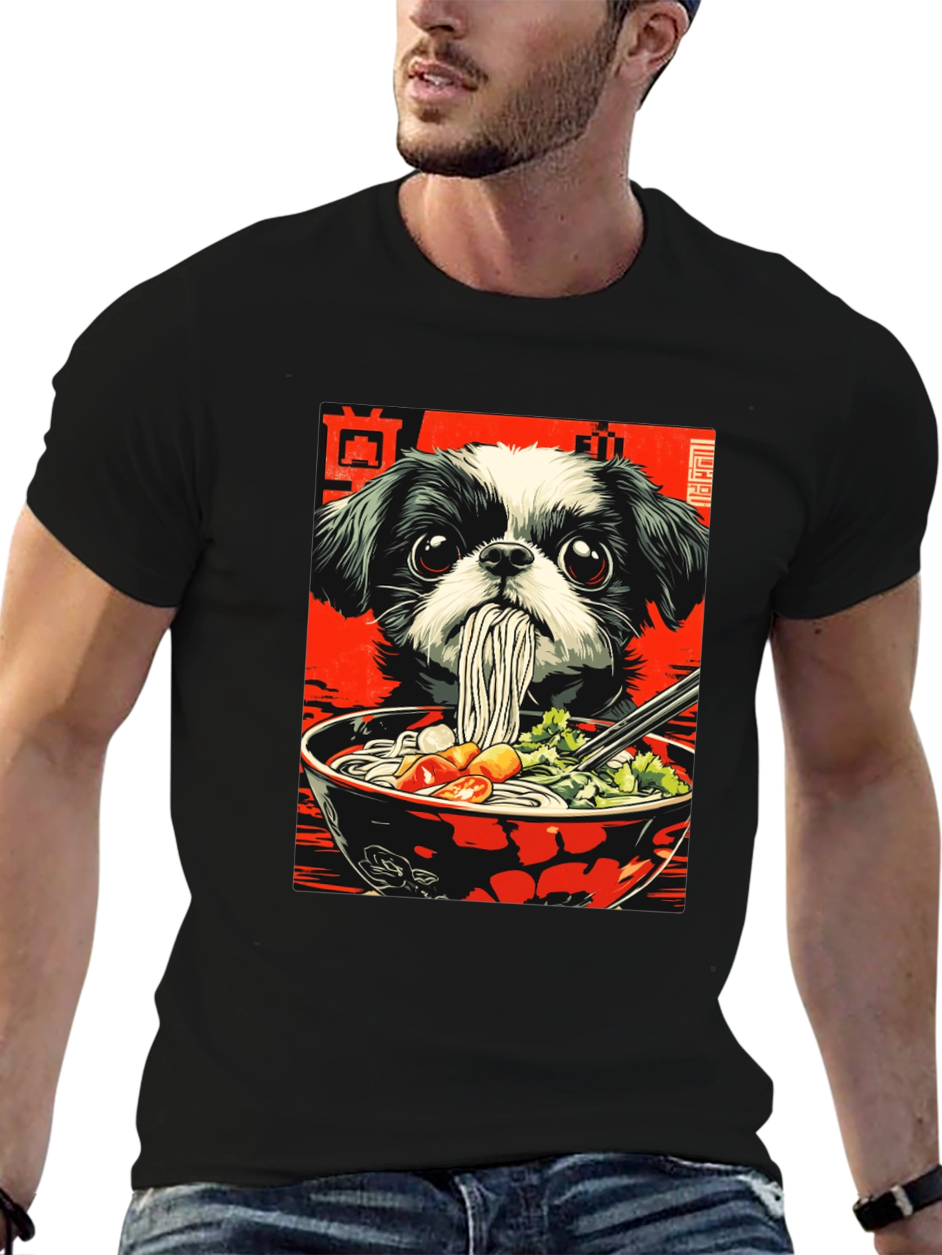 Camiseta Negra con Diseño de Perro y Ramen