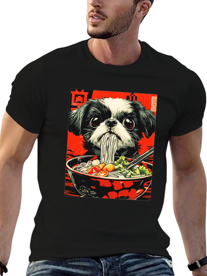 Camiseta Negra con Diseño de Perro y Ramen