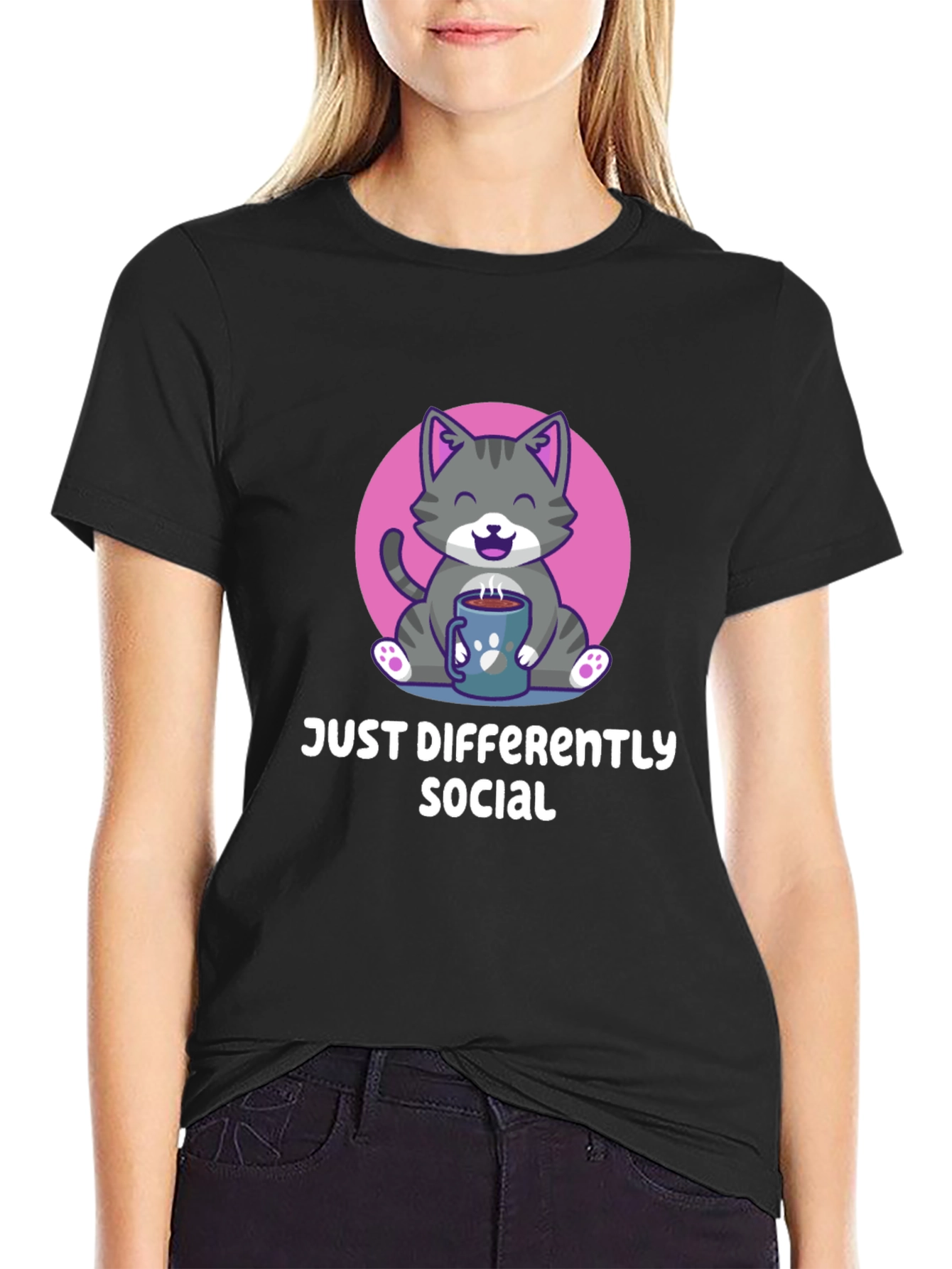 Camiseta Negra Social Diferente con Gato Adorable