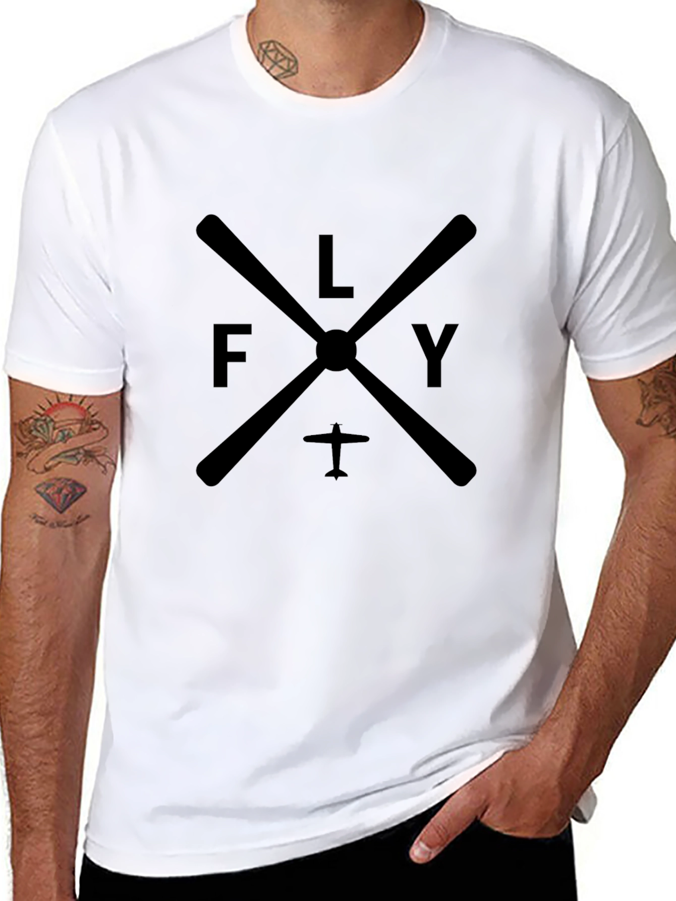 Camiseta Negra Hombre Estampado Fly Estilo Aviación