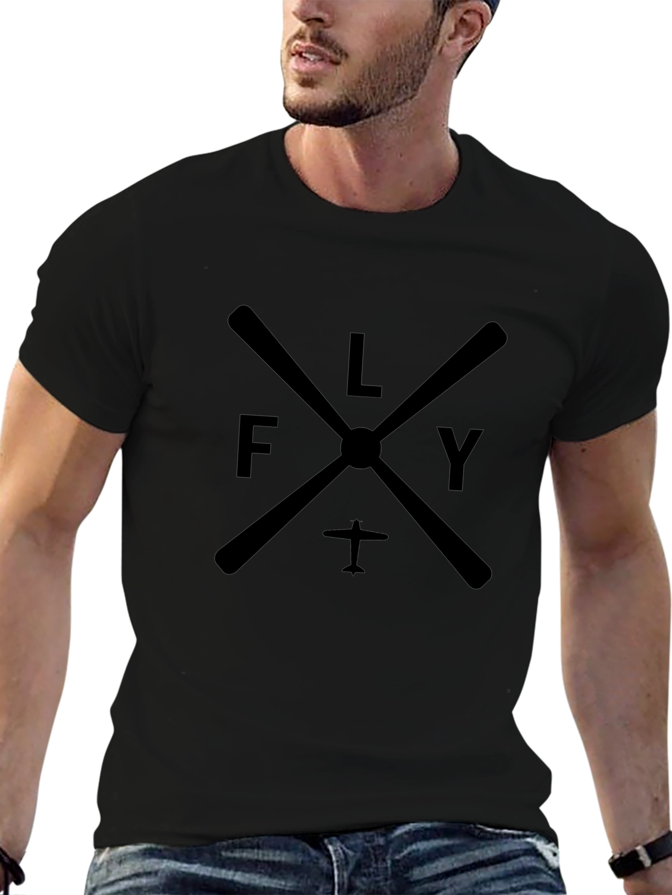 Camiseta Negra Hombre Estampado Fly Estilo Aviación