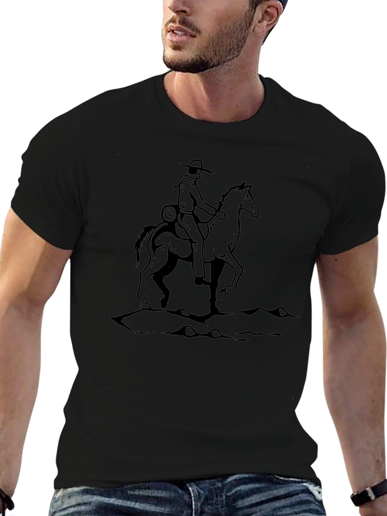 Camiseta Negra con Diseño Vaquero a Caballo