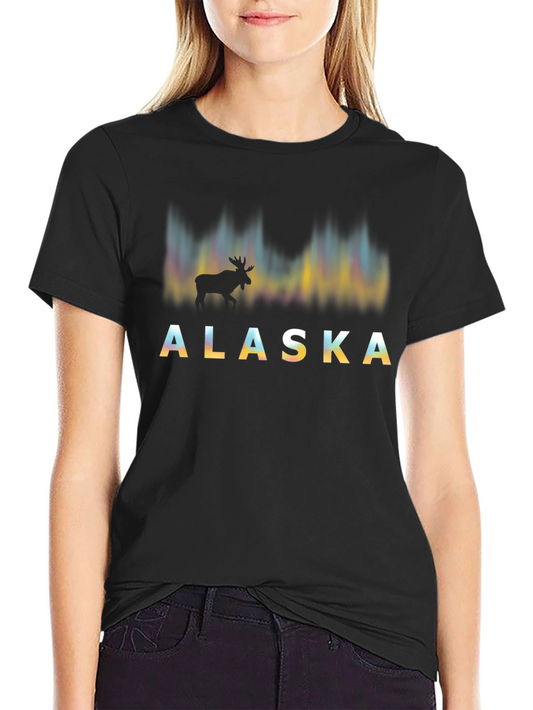 Camiseta Negra Alaska Aurora Boreal Alce para Hombre