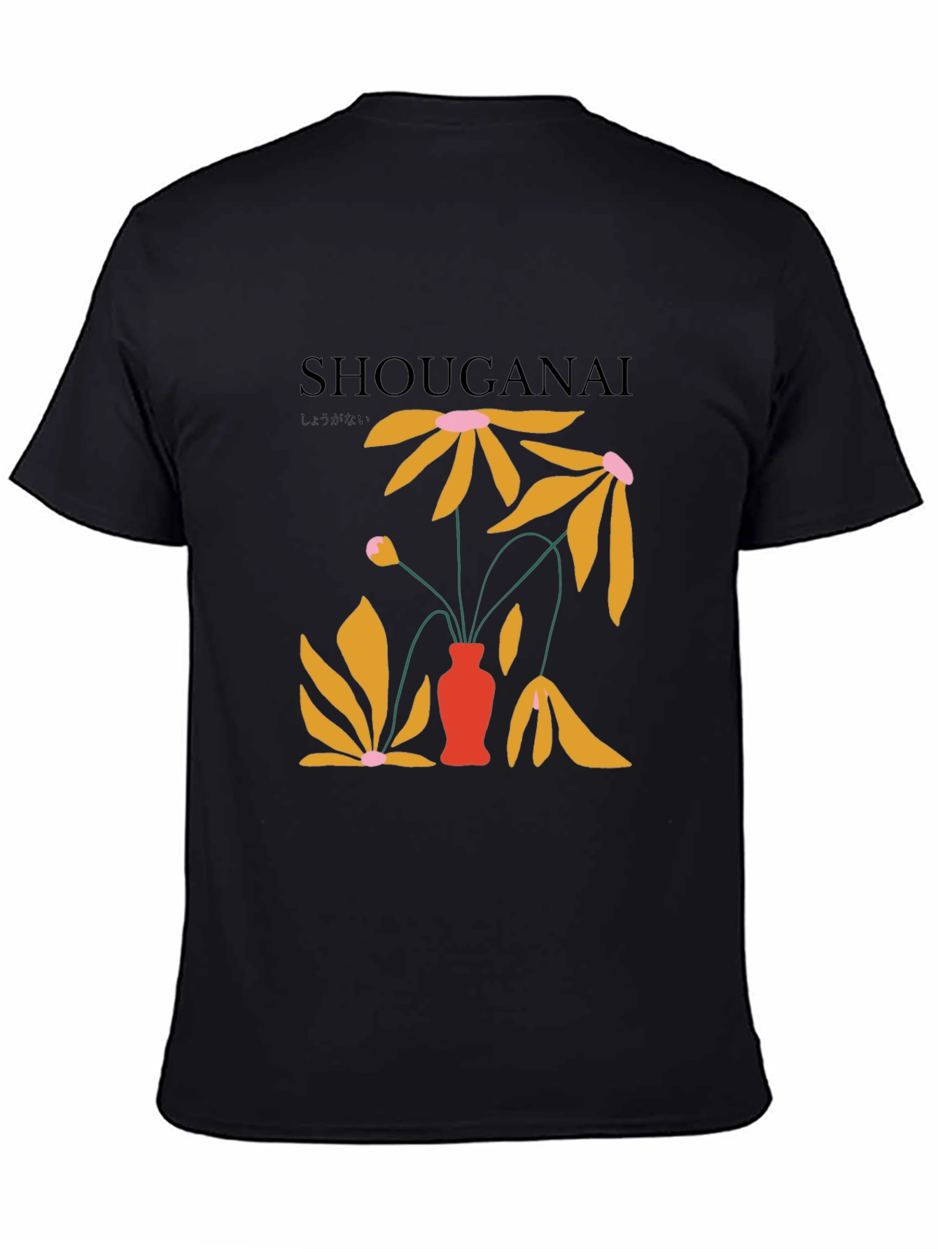Camiseta Negra con Diseño Floral Abstracto Japonés