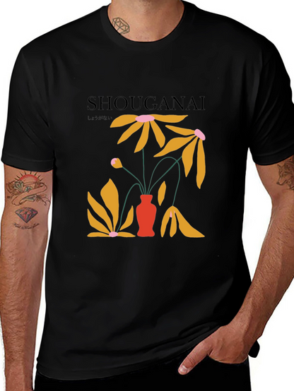 Camiseta Negra con Diseño Floral Abstracto Japonés